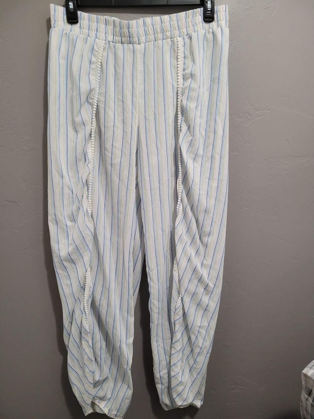 Women's Light Blue & White Striped Pallozo Pants Beachy Flowy Pool Vacation